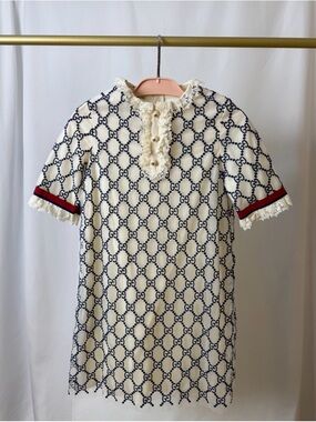 Gucci Cream Knit Dress with Navy GG Monogram and Red Trim